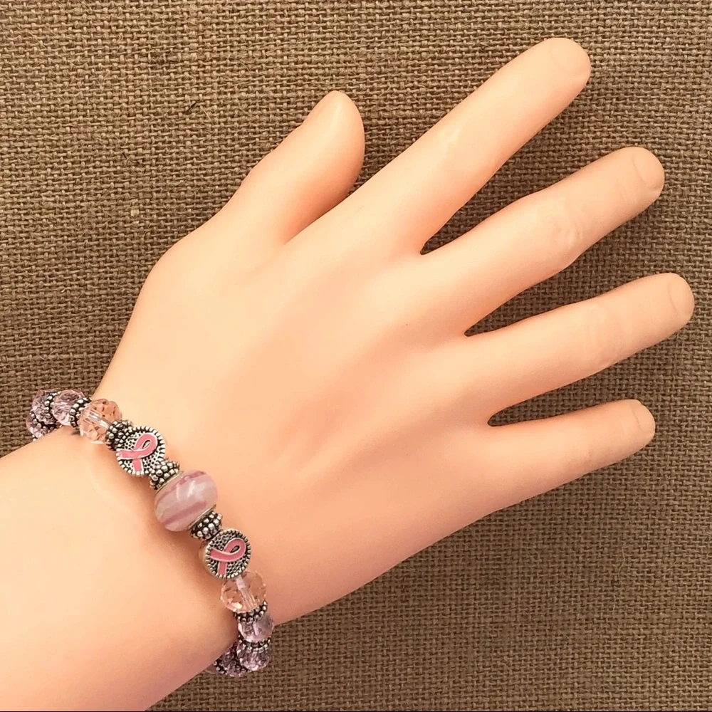 🌼 Pink Ribbon Glass Bead Breast Cancer Stretch Bracelet